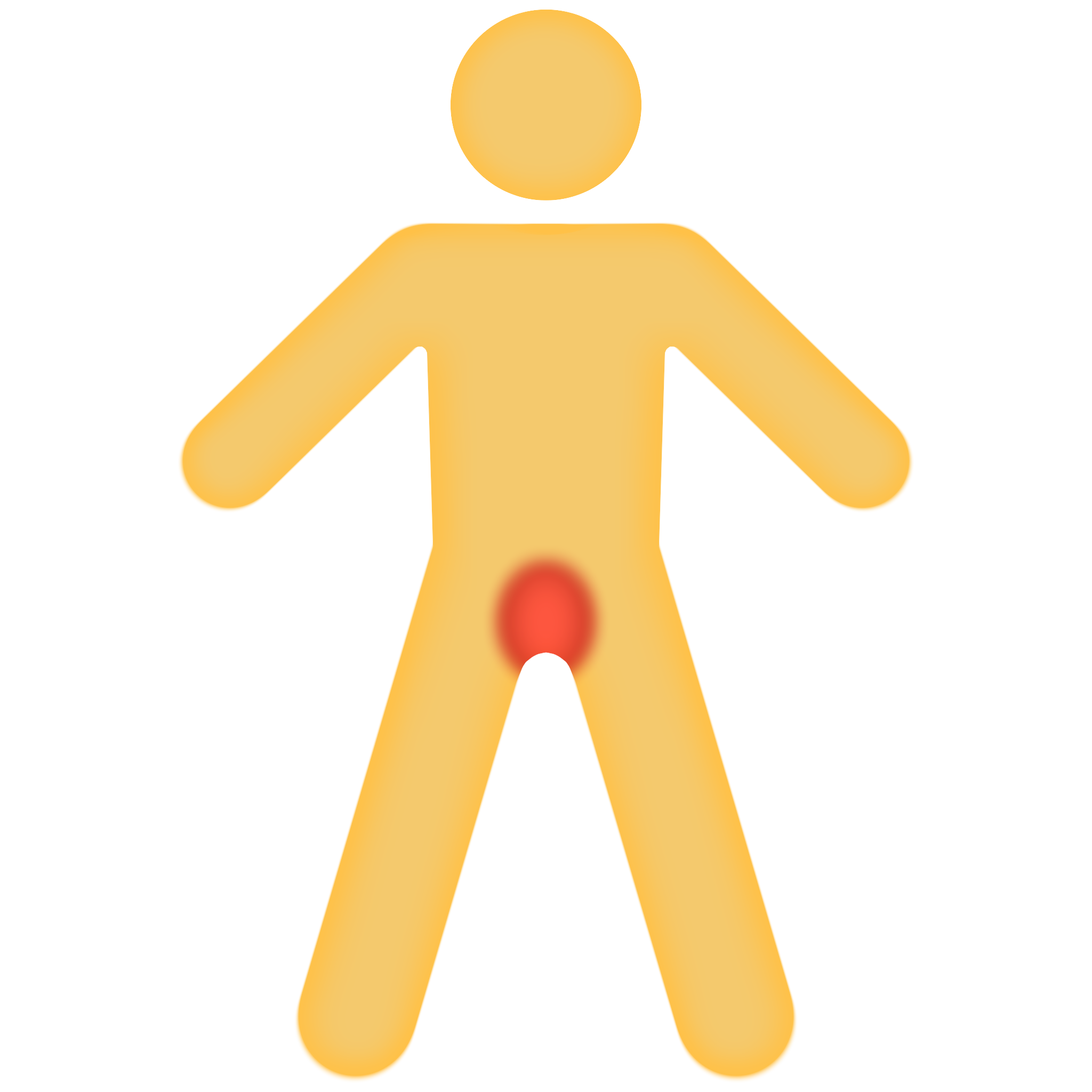 : A yellow-orange basic shaped person with a small red vertical oval over their groin.